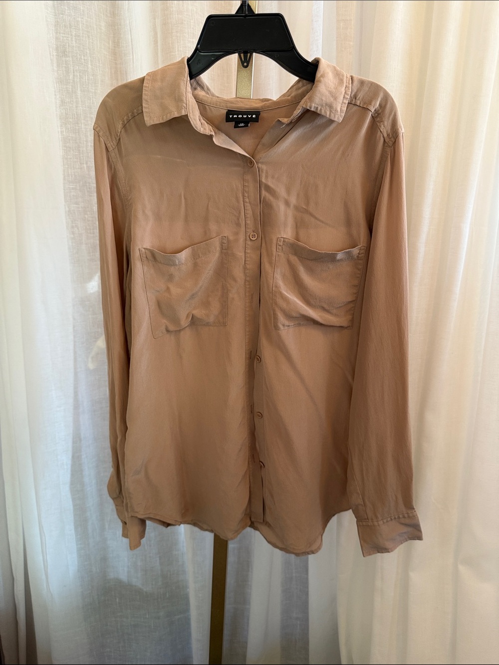 Trouve Light Brown Button-Down Shirt. 100% Silk